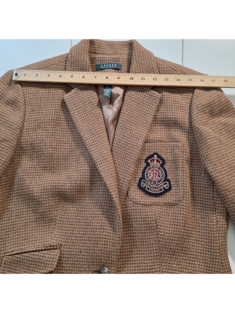 Lauren Ralph Lauren Tweed Crested Blazer Women US 16 Tan Houndstooth Wool Preppy - Picture 4 of 16